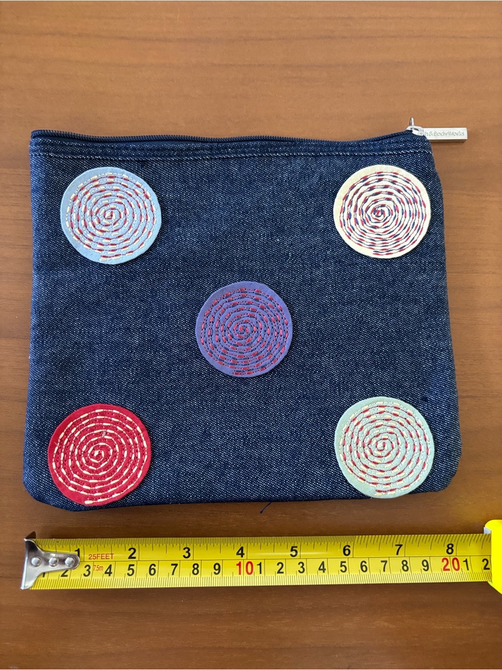 Denim Circle Applique Zip Pouch - Navy with Multicolor Circles